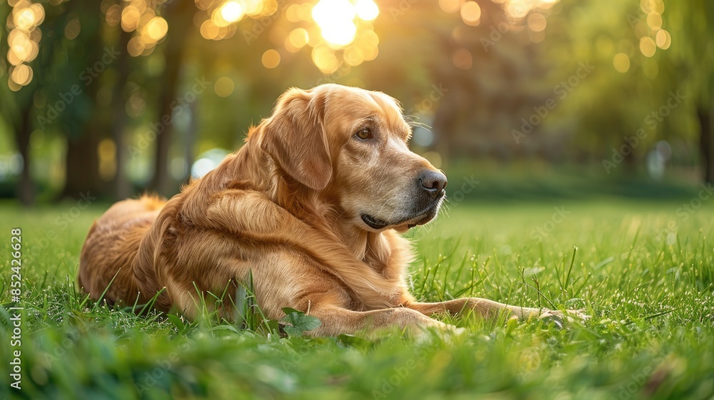 Canine take a break during a stroll in the park Canine take a break during a stroll in the park