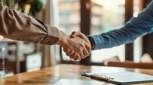 Two people are shaking hands over a wooden table, symbolizing a successful business agreement or partnership. A clipboard and documents are visible in the background.