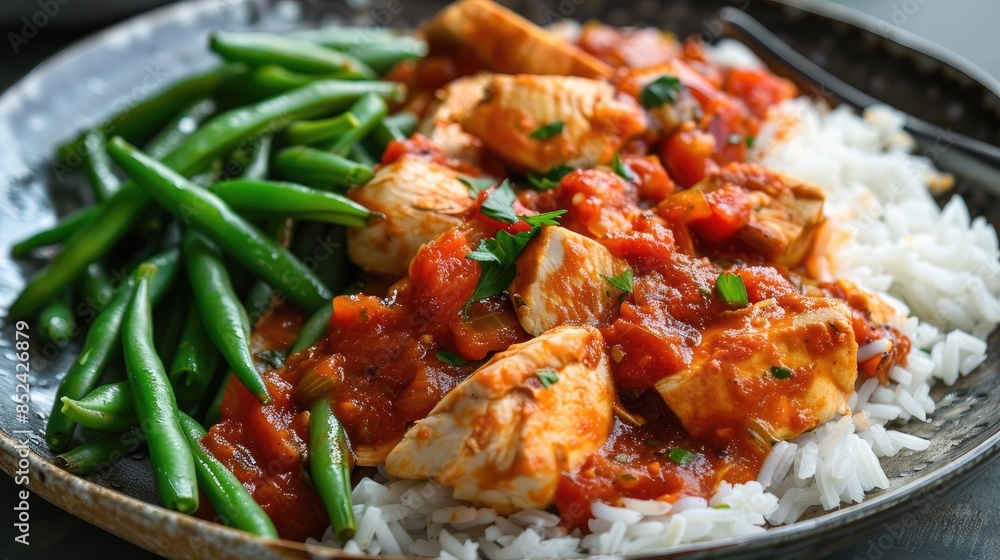 Chicken cooked with tomato sauce served with rice and green beans Chicken cooked with tomato sauce served with rice and green beans