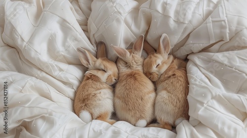 Close up top view family of rabbits sleeping together on cozy bed