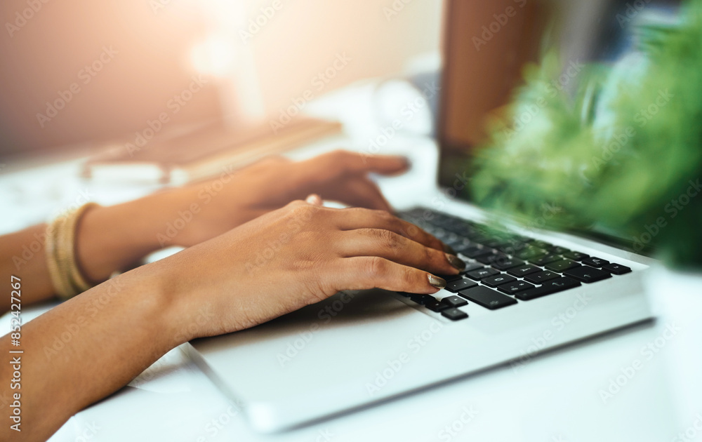 Employee, hands and woman with keyboard, laptop and typing for research, financial advisor and company website. Closeup, person and consultant with pc, connection and digital design for budget layout Employee, hands and woman with keyboard, laptop and typing for research, financial advisor and company website. Closeup, person and consultant with pc, connection and digital design for budget layout