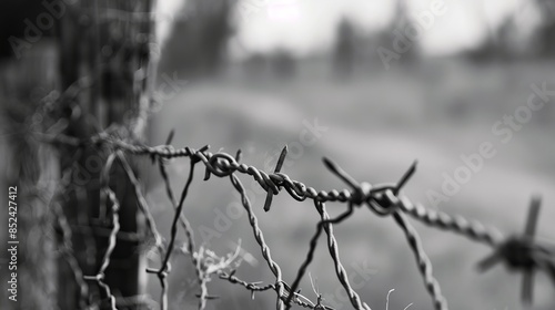 A rusty barbed wire fence marking a boundary line, evoking a sense of separation and security.