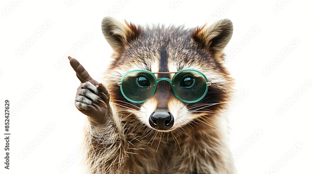 Funny raccoon in green glasses showing rock sign and standing on white background, isolated on white background, detailed, natural light, sharp focus, stock photography, professional color grading, Funny raccoon in green glasses showing rock sign and standing on white background, isolated on white background, detailed, natural light, sharp focus, stock photography, professional color grading,