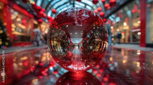 Christmas Mall Reflection in Red Decorative Sphere