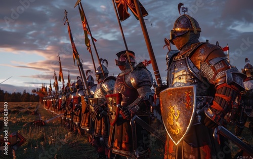 Jugger teams in a field, twilight, dynamic side view, intense teamwork, medieval-inspired gear