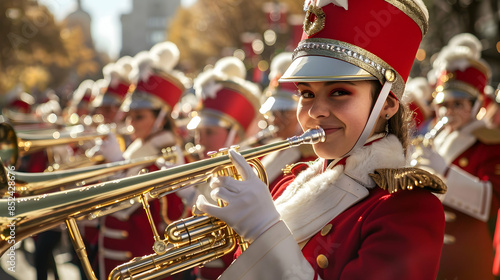 A Young Woman in a Red and White Uniform Plays a Trumpet in a Marching Band - Photo