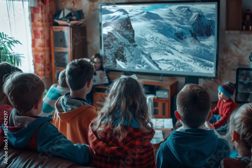 Group of students watching a documentary film about the effects of global warming, learning through multimedia education.