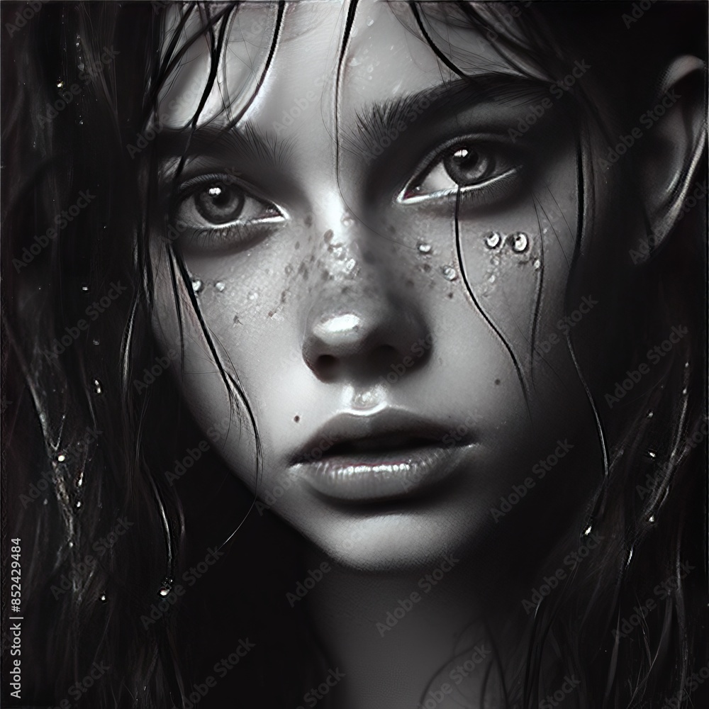 A striking monochrome portrait of a woman with water droplets on her face. The black and white tones emphasize the emotion and raw beauty, creating a powerful and evocative image.. AI Generation A striking monochrome portrait of a woman with water droplets on her face. The black and white tones emphasize the emotion and raw beauty, creating a powerful and evocative image.. AI Generation