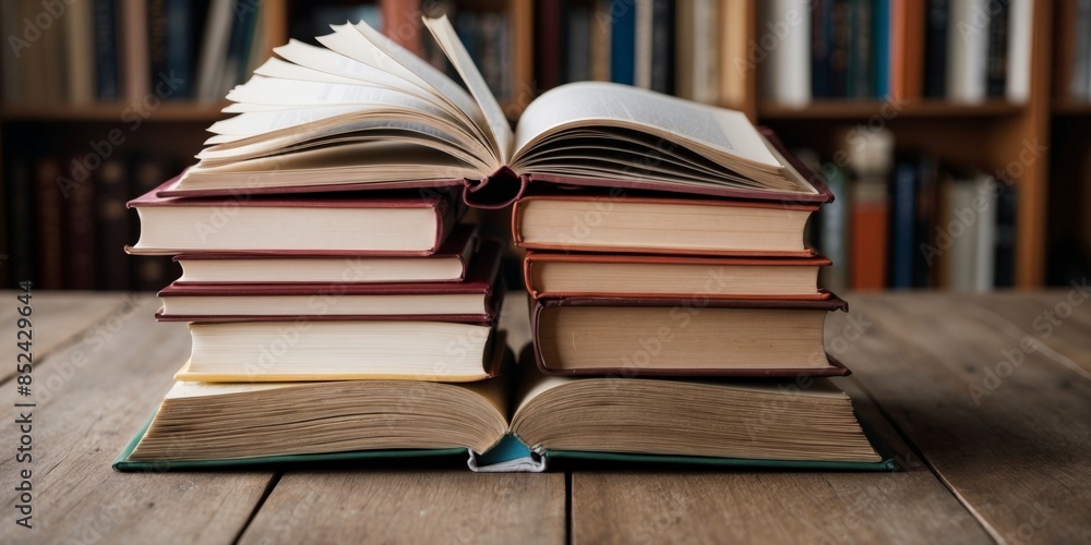 An inviting stack of open hardcover books with pages fanned out, symbolizing knowledge, education, and the love for literature An inviting stack of open hardcover books with pages fanned out, symbolizing knowledge, education, and the love for literature