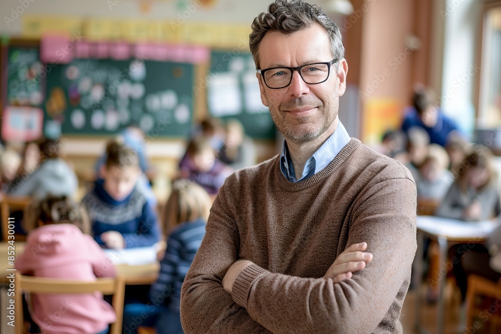 Fototapeta premium Smiling teacher standing confidently in a classroom filled with students. Conceptualize diverse education and learning. Perfect for educational materials and school promotions. Generative AI