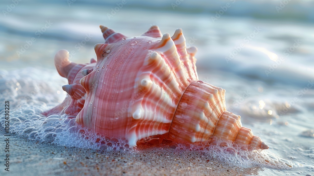 A pristine pink seashell washed ashore on a sandy beach, a hidden treasure waiting to be discovered. A pristine pink seashell washed ashore on a sandy beach, a hidden treasure waiting to be discovered.