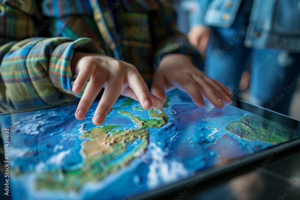 Student using a tablet to explore interactive simulations of climate models, gaining insights into global warming phenomena. Student using a tablet to explore interactive simulations of climate models, gaining insights into global warming phenomena.