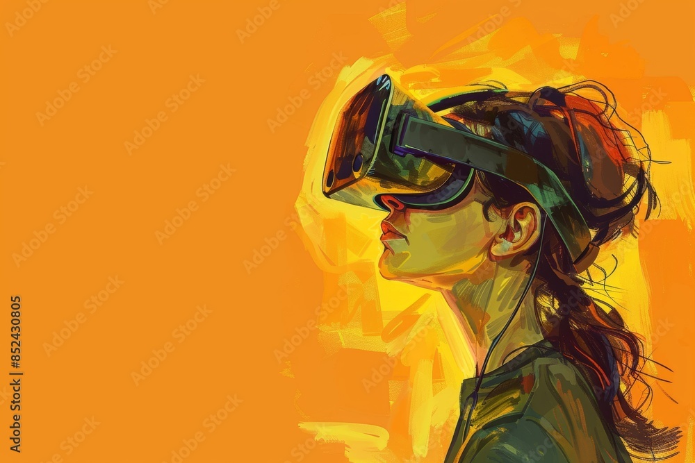 Young woman exploring virtual reality with vivid orange backdrop Young woman exploring virtual reality with vivid orange backdrop