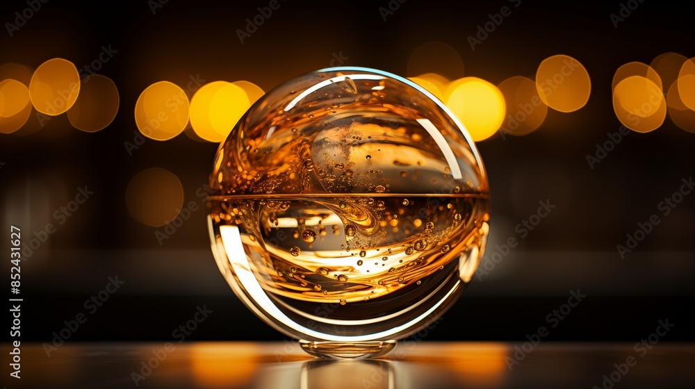 Elegant Golden Glass Sphere with Illuminated Bokeh Background Elegant Golden Glass Sphere with Illuminated Bokeh Background