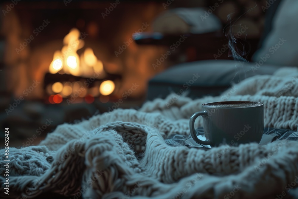 A cozy and inviting winter scene featuring a warm fireplace, knitted blanket, and a steaming cup of coffee. A cozy and inviting winter scene featuring a warm fireplace, knitted blanket, and a steaming cup of coffee.