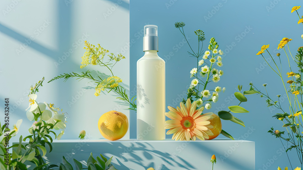 Bottle of fresh perfume with green branches, camomiles flower and lemon slices on nature background. Bottle of fresh perfume with green branches, camomiles flower and lemon slices on nature background.