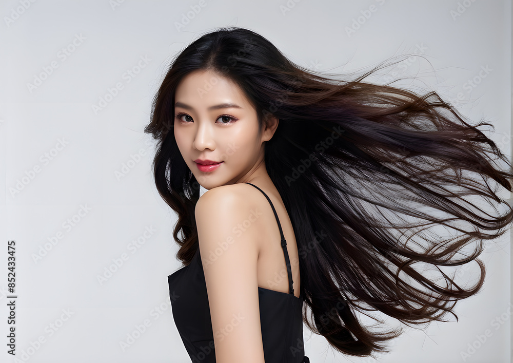 A woman with long hair is standing in front of a white background A woman with long hair is standing in front of a white background