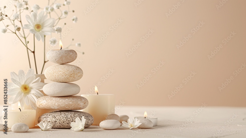 A white background with a vase of white flowers and a stack of white rocks A white background with a vase of white flowers and a stack of white rocks
