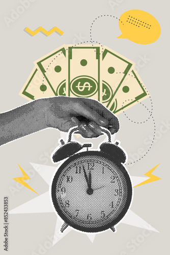 Trendy halftone collage of business concept. Time-money concept. Trendy modern retro illustration. Vector illustration of business, contract approval, finance, marketing materials. Vector illustration