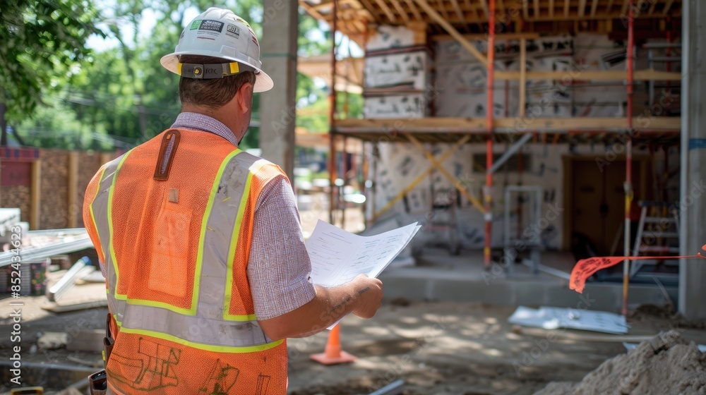 Obraz premium Contractor with Plans at Construction Site