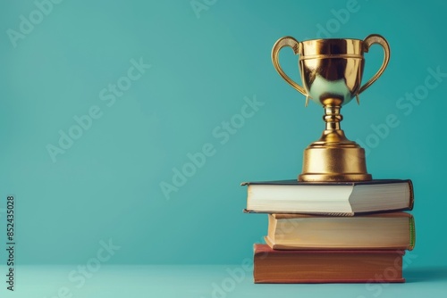 A golden trophy cup atop a stack of hardcover books against a blue background symbolizing achievement