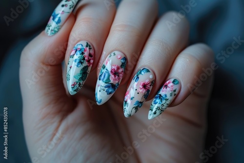 A womans hand adorned with intricate floral designs on the nails