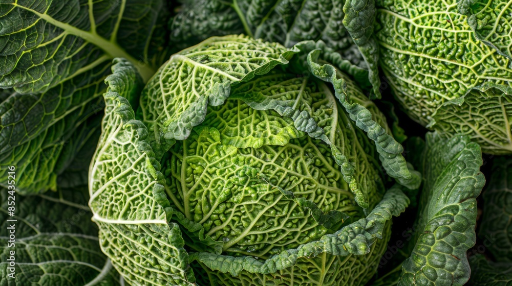 Fototapeta premium Fresh organic savoy cabbage closeup with detailed texture