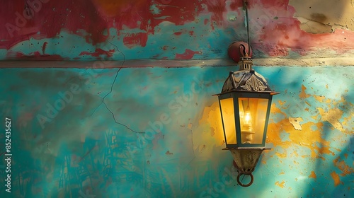 An old lamp hanging on a colorful wall very detailed and realistic shape