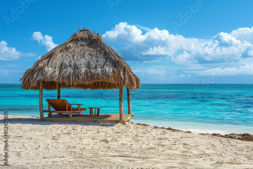 tropical beach hut with thatched roof on the sandy shore of an island, blue sky and calm sea in the background. the hut is in the style of a vacation concept