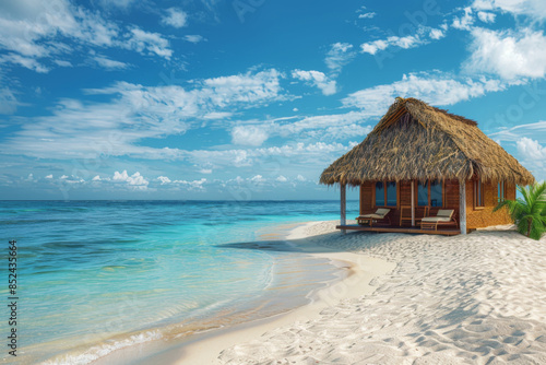 tropical beach hut with thatched roof on the sandy shore of an island, blue sky and calm sea in the background. the hut is in the style of a vacation concept