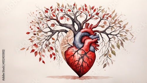 Human heart health concept as a symbol for growing a body organ and the veins and arteries of the circulatory system as a body part shaped as tree roots and branches as a medical metaphor for life