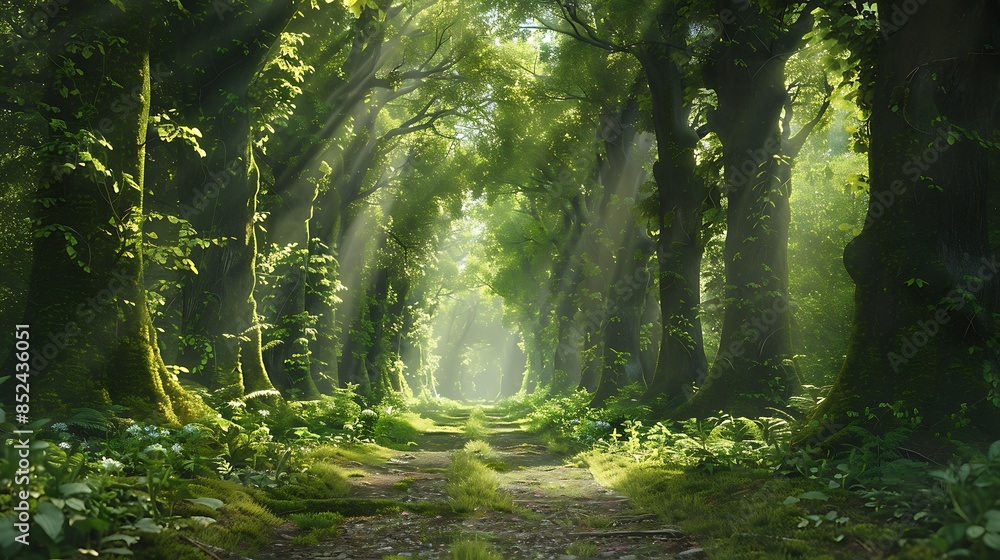An old road through the green forest ancient trees moss and plants close up sunbeams through the tree trunks panoramic view very detailed and realistic shape An old road through the green forest ancient trees moss and plants close up sunbeams through the tree trunks panoramic view very detailed and realistic shape