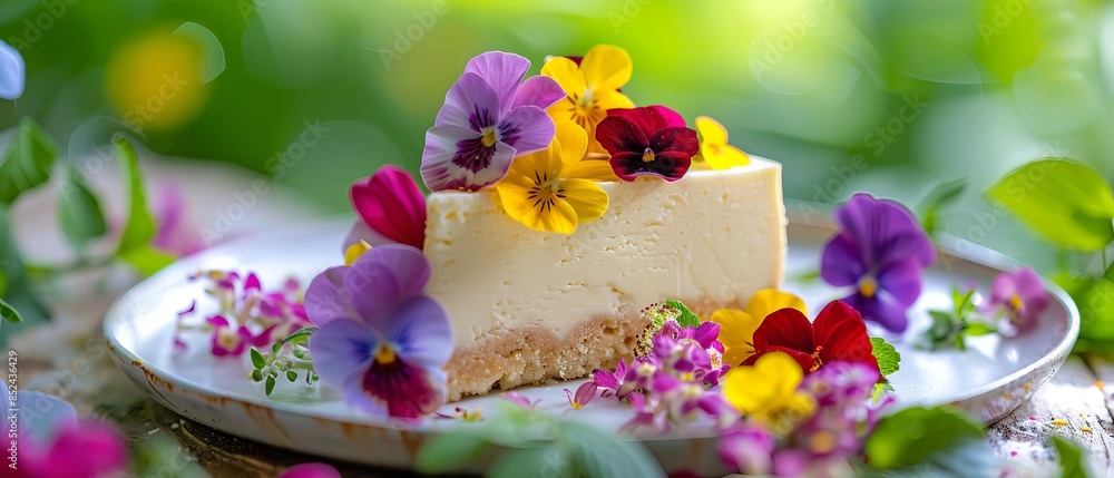 Close up of a cheesecake with flowers Close up of a cheesecake with flowers