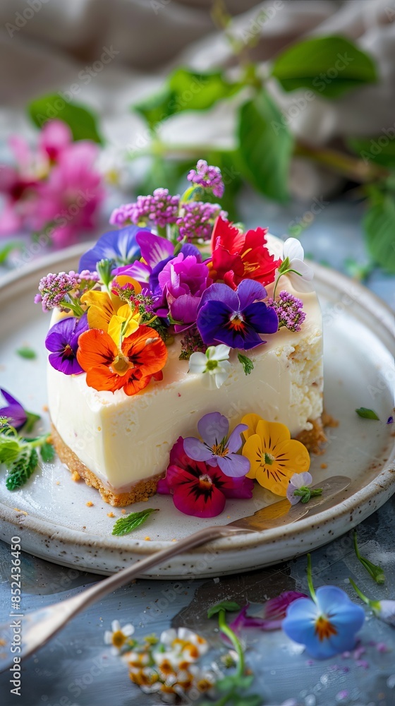 Close up of a cheesecake with flowers Close up of a cheesecake with flowers