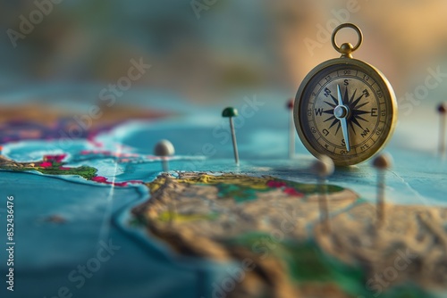 
The compass is placed on the map with pins, symbolizing travel and flight to different places in the world. The background features soft pastel colors of blue or green, creating an atmosphere for jou photo