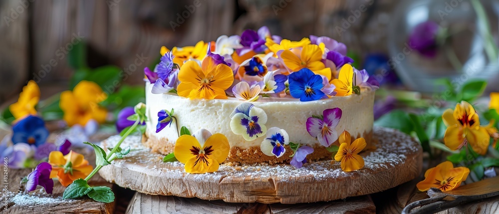 Close up of a cheesecake with flowers Close up of a cheesecake with flowers