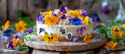 Close up of a cheesecake with flowers