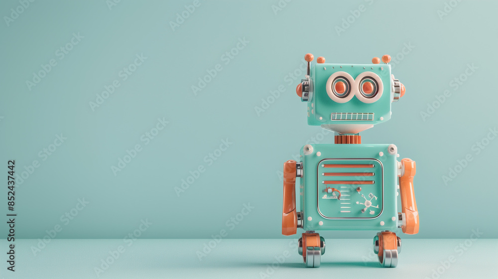 Naklejka premium A retro toy robot standing against a light teal background. The playful design and pastel colors give it a whimsical and nostalgic charm.
