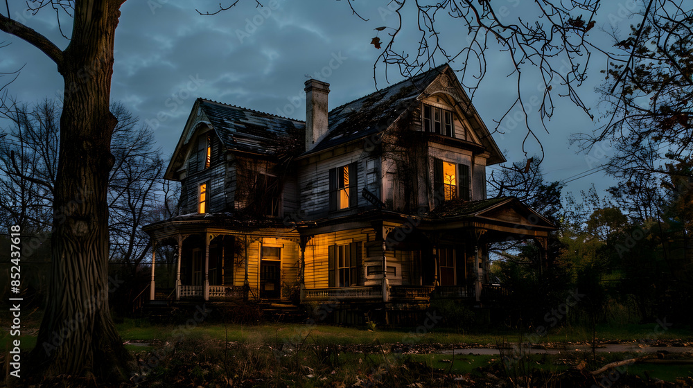 Old House with Light in the Windows - Realistic Image Old House with Light in the Windows - Realistic Image