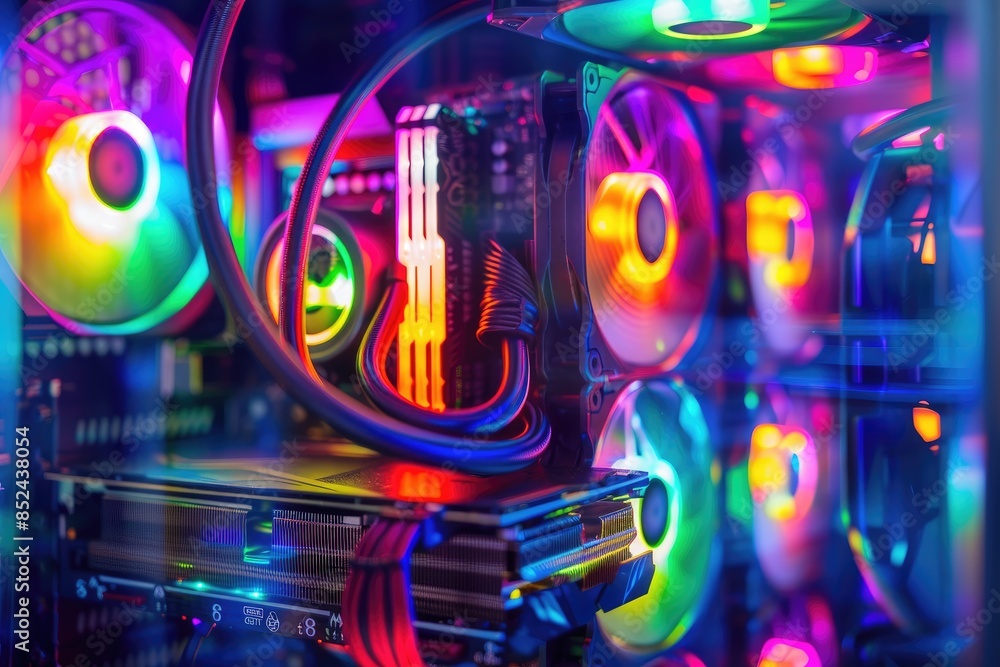 A high-end custom PC gaming setup with vibrant cooling fans and colorful lighting, showcasing modern technology. A high-end custom PC gaming setup with vibrant cooling fans and colorful lighting, showcasing modern technology.
