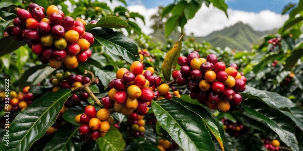 Coffee berries ripen on a bush with a blurred mountainous background, exhibiting stages of ripeness Coffee berries ripen on a bush with a blurred mountainous background, exhibiting stages of ripeness