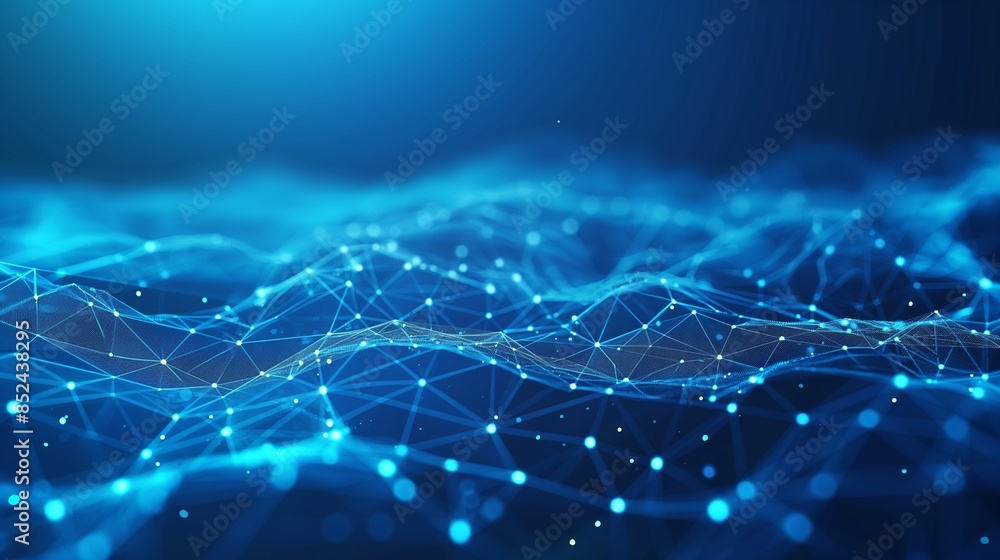 Abstract technology background with polygonal network lines and dots, blue gradient vector illustration in the style of digital design.
Abstract technology background with polygonal network lines and dots, blue gradient vector illustration in the style of digital design.