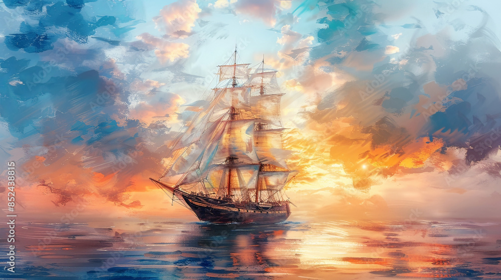 Obraz premium A large ship sails in the ocean with a beautiful shining sunset in the background