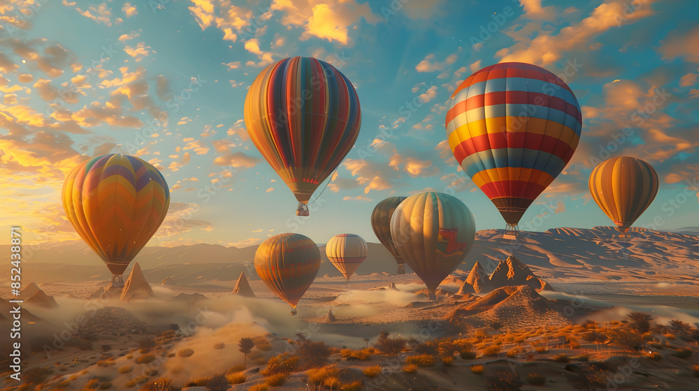 Fototapeta premium Hot Air Balloons Soaring Over Desert Landscape Illustration