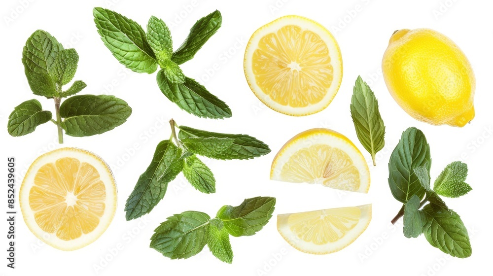 Fresh lemon slices and mint leaves isolated on white background Fresh lemon slices and mint leaves isolated on white background
