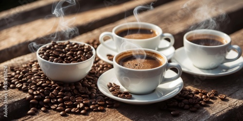 Freshly brewed coffee in white cups with whole beans on rustic wooden planks © gunzexx png and bg
