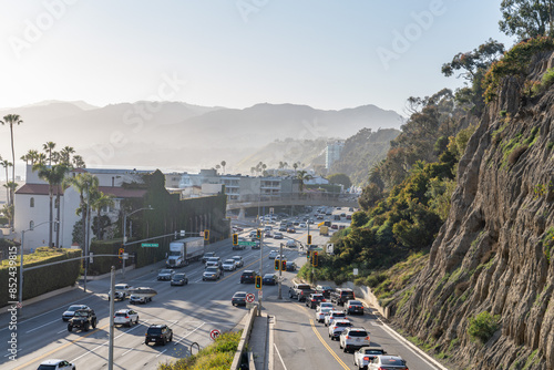 California Incline  with Pacific Coast Highway. Palisades Park, Santa Monica, Los Angeles. Marine Terraces and Eroded Cliffs, alluvial fan deposits of consolidated silt, sand and gravel. 