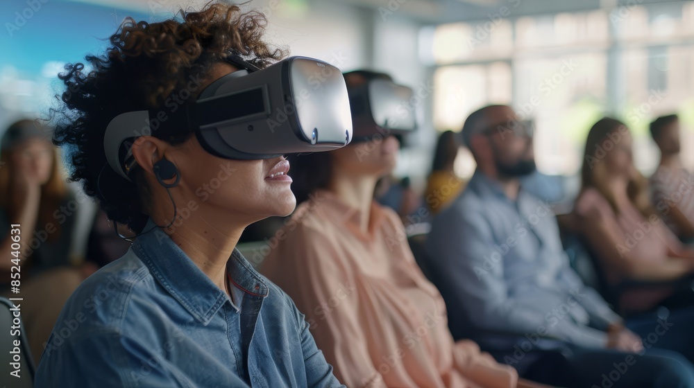 Group of employees participating in a virtual reality training session. Group of employees participating in a virtual reality training session.