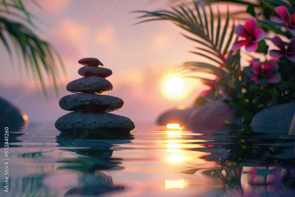 A zen stone stack elegantly positioned in calm waters, with a soft sunset and tropical flowers in the background. A zen stone stack elegantly positioned in calm waters, with a soft sunset and tropical flowers in the background.