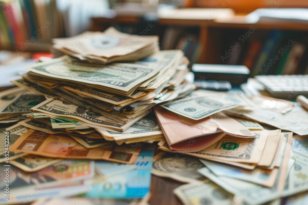 Efficient Money Handling. Workplace with organized currency exchange and cash management items concept Efficient Money Handling. Workplace with organized currency exchange and cash management items concept